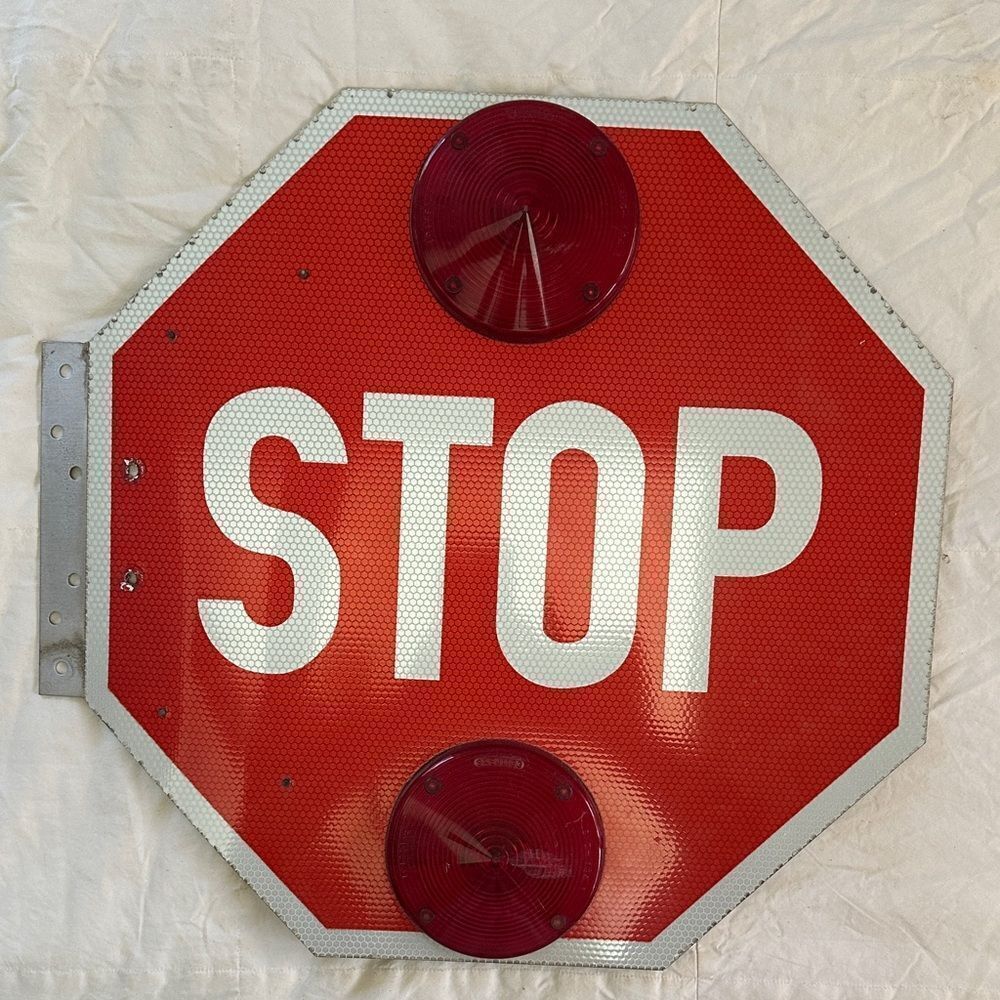 Vintage School Bus Red Stop Sign with Reflective Details